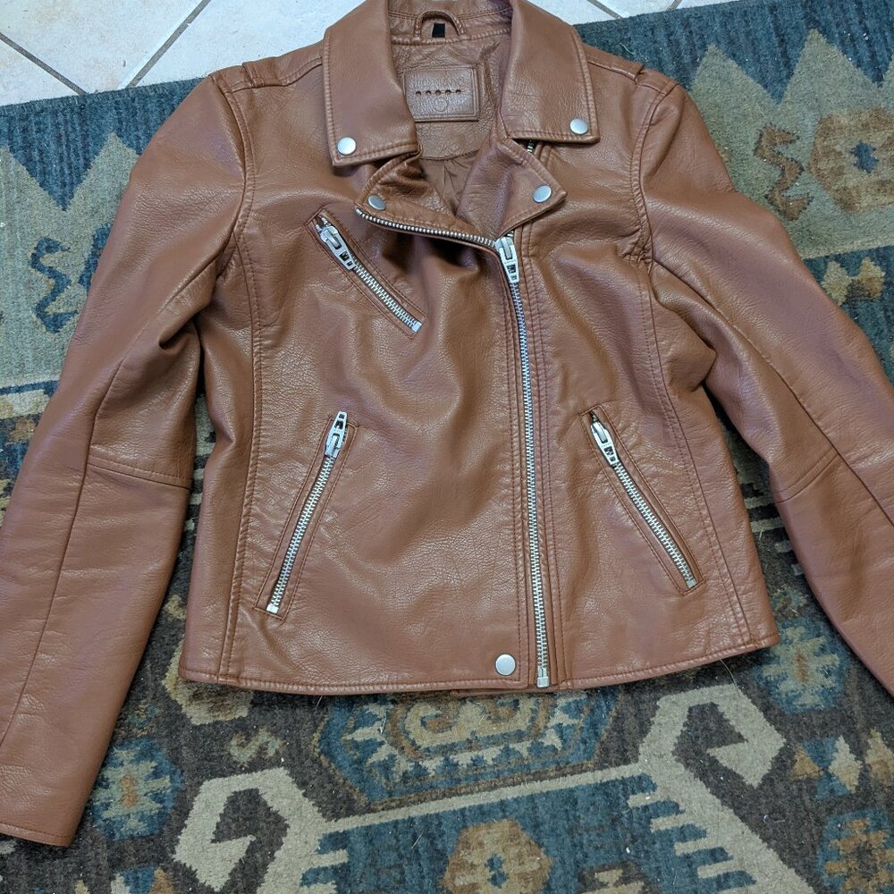 BLANK NYC Faux Leather Moto Jacket, Tan Cognac Size small